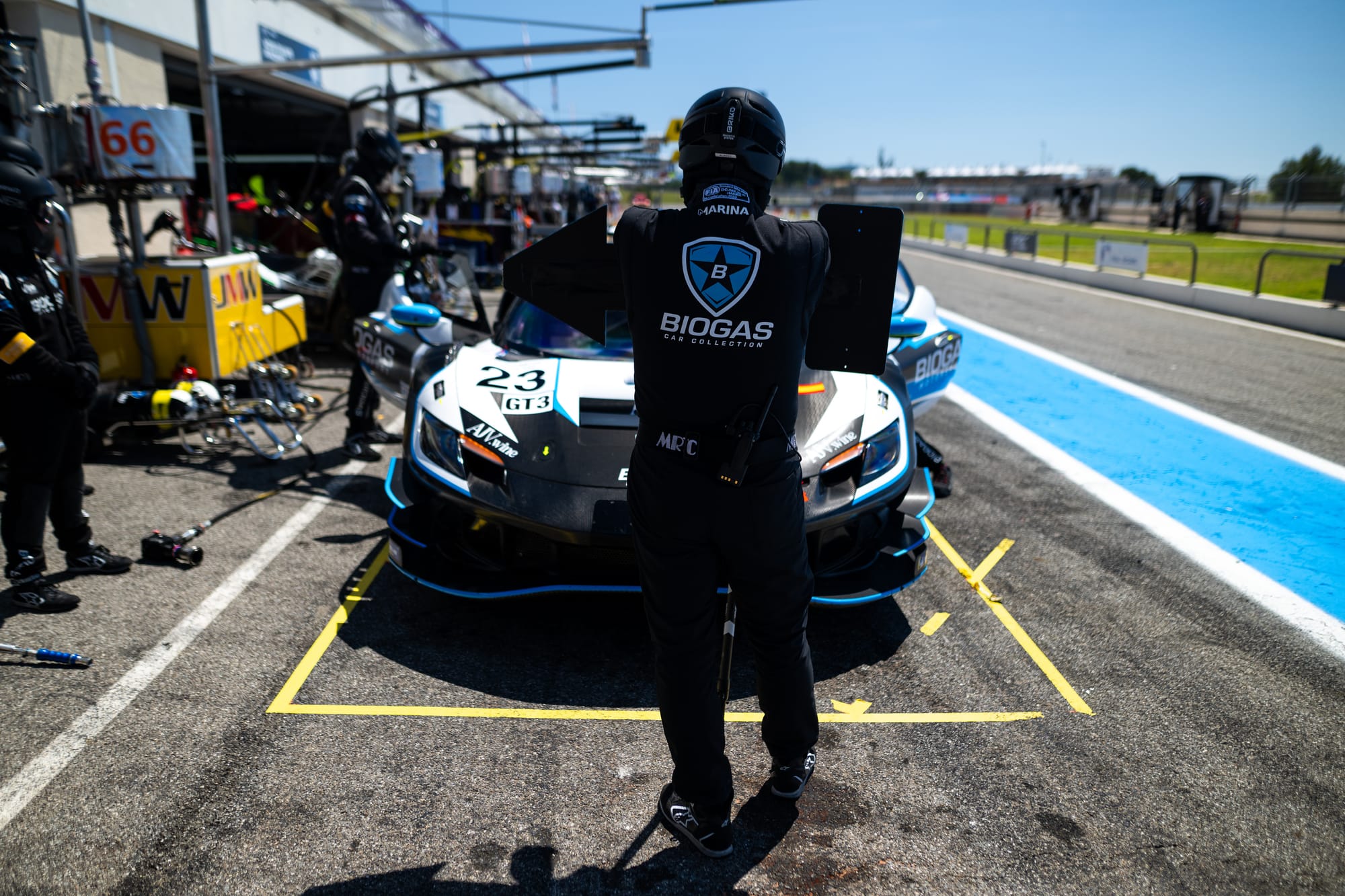 The #23 Biogas Motorsport Ferrari GT3 in the pitlane during a race weekend