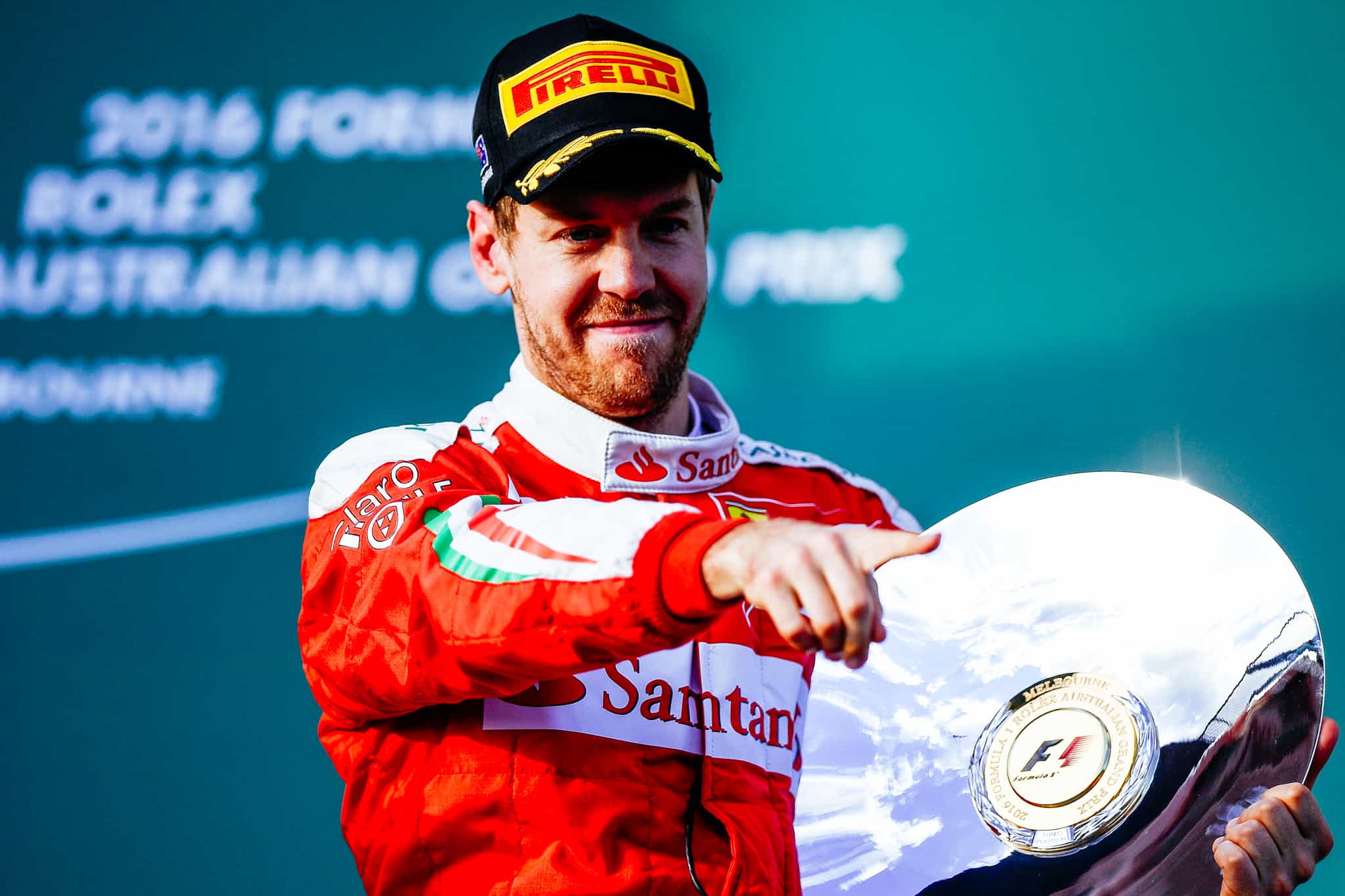 Sebastian Vettle celebrating his Australian Grand Prix F1 victory for Ferrari
