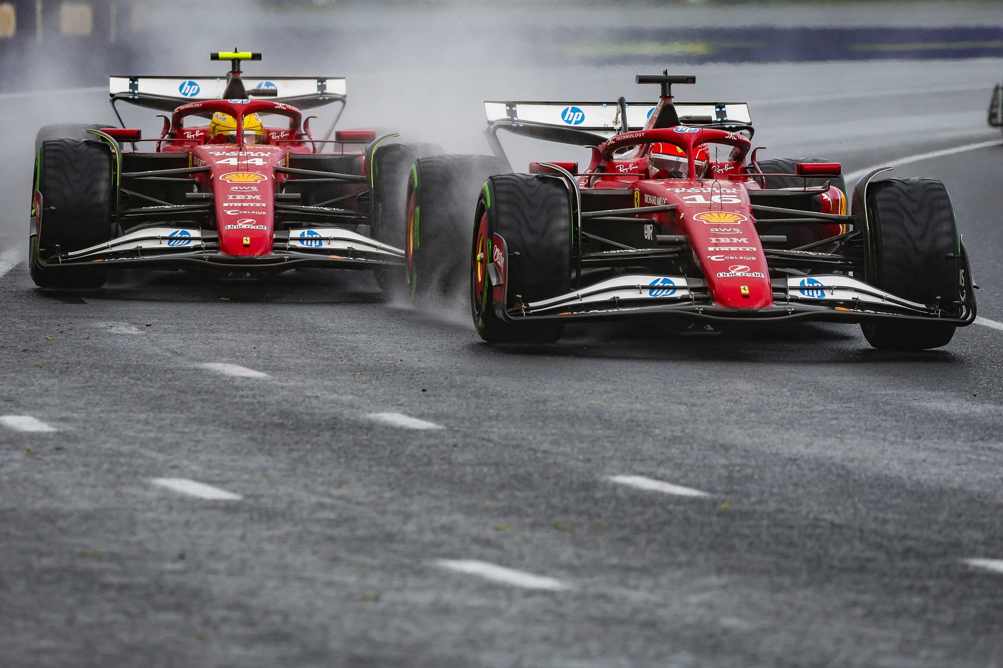 Charles Leclerc and Lewis Hamilton racing at the 2025 Melbourne Grand Prix
