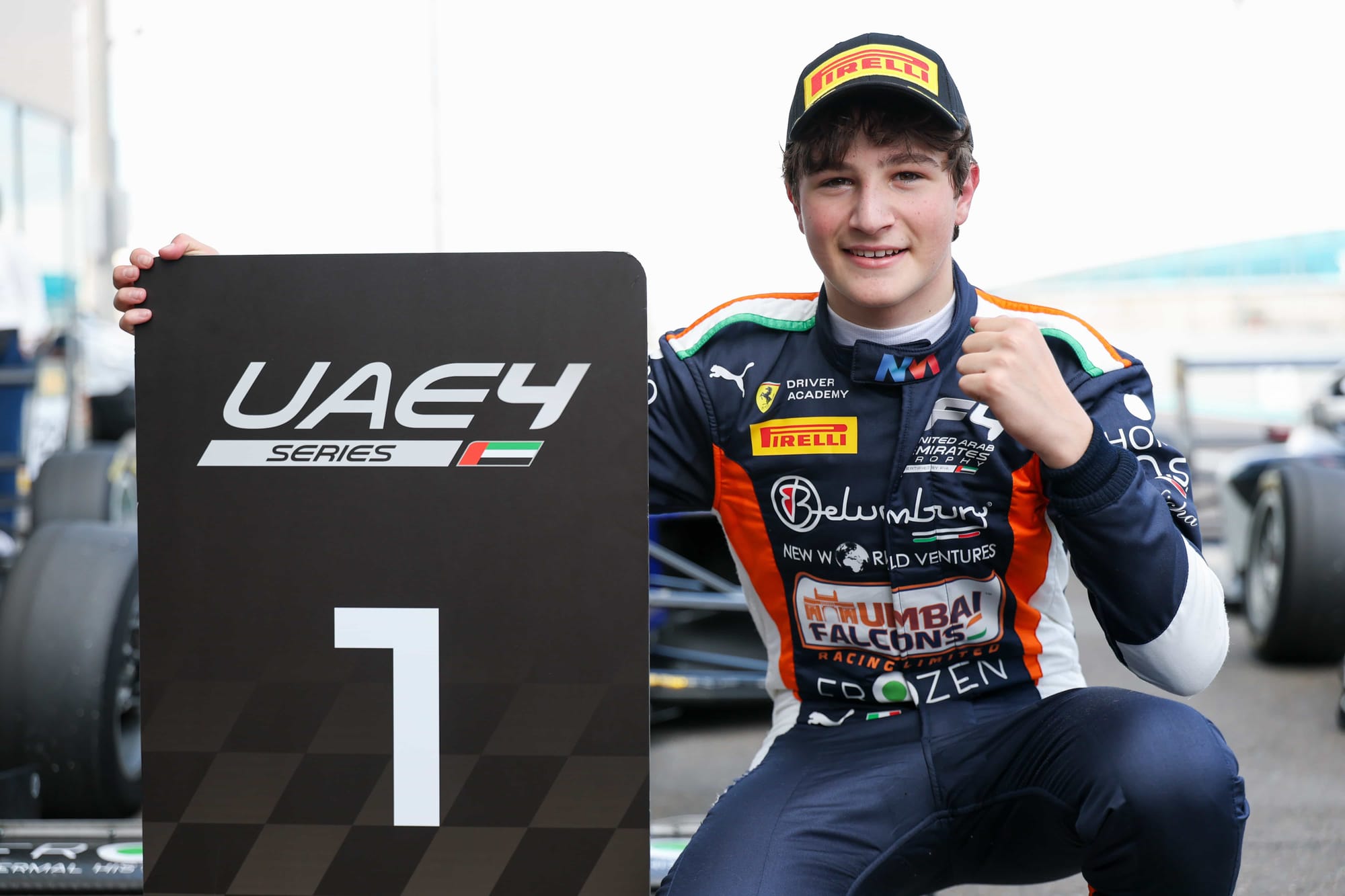 Niccolo Maccagnani celebrating his UAE4 Series Formula 4 win