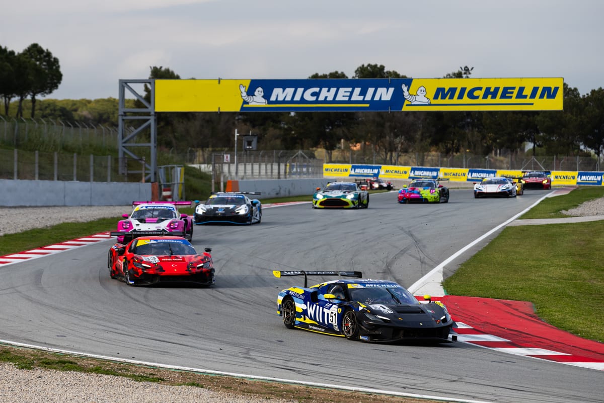 Two Ferrari 296 GT3s leading a Michelin Le Mans Cup race in 2025