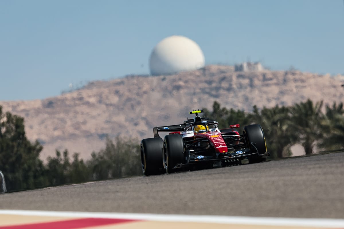 Lewis Hamilton driving the Ferrari SF-26 during an F1 testing session in Bahrain