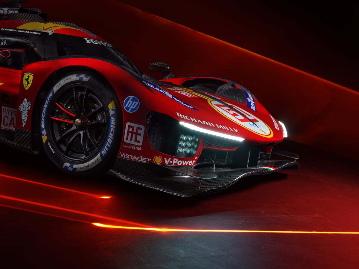 A Ferrari 499P promotional image with the 2025 livery