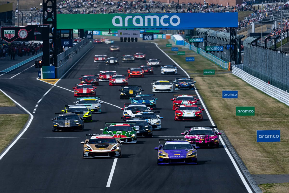 The full driver grid on the opening lap of Ferrari Challenge Japan Suzuka 2026