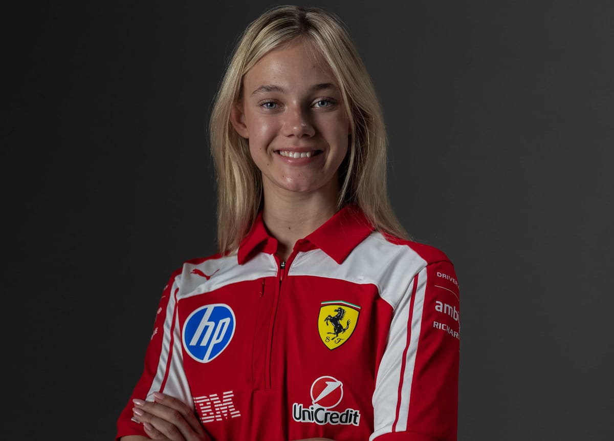 F1 Academy driver and Ferrari prospect Alba Hurup Larsen posing ahead of the 2026 Chinese GP