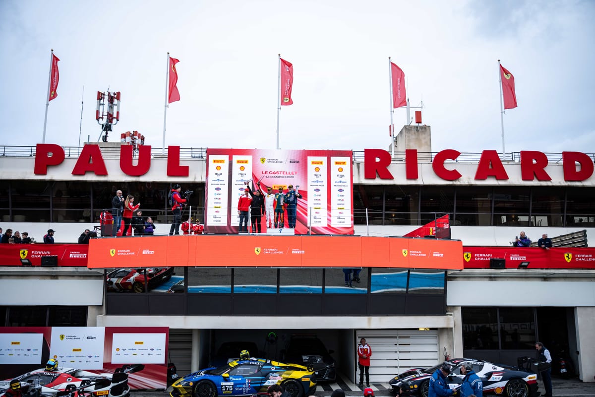 The Ferrari Challenge Europe 2026 podium at Le Castellet in France