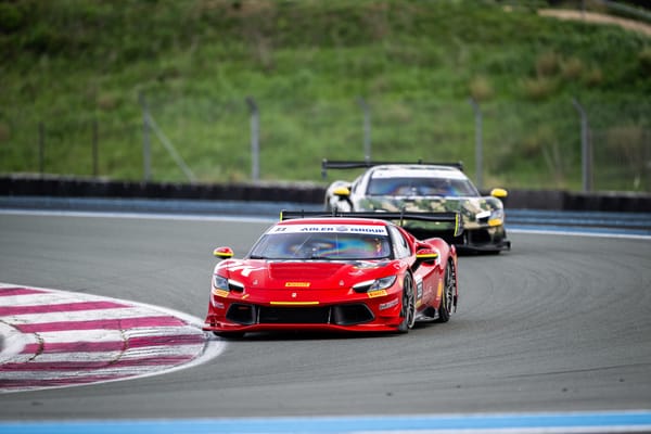 Two Ferrari 296 Challenge cars driving at Le Castellet in Ferrari Challenge Europe 2026