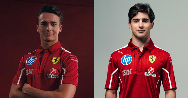 Formula 2 drivers Dino Beganovic and Rafael Camara posing in Scuderia Ferrari attire